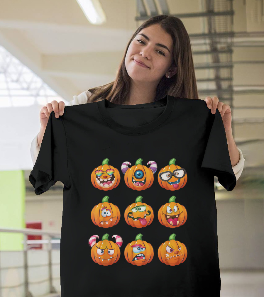 Pumpkin Face Emoticon Monsters with Glasses and Cyclops Expressions T-Shirt