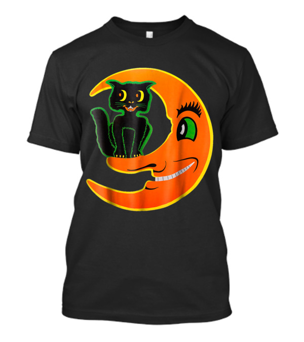 Vintage Halloween Black Cat Sitting On Smiling Crescent Moon Beistle Horror T-Shirt