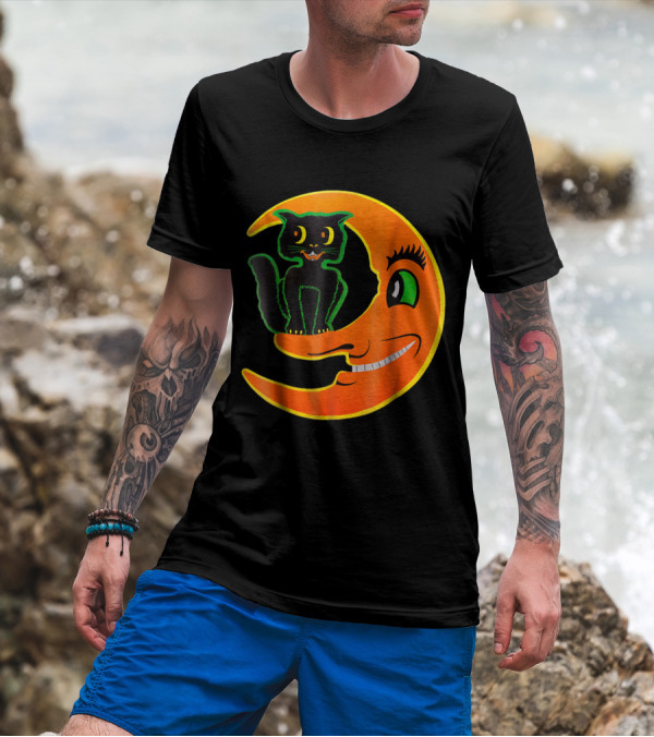 Vintage Halloween Black Cat Sitting On Smiling Crescent Moon Beistle Horror T-Shirt