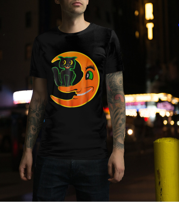 Vintage Halloween Black Cat Sitting On Smiling Crescent Moon Beistle Horror T-Shirt