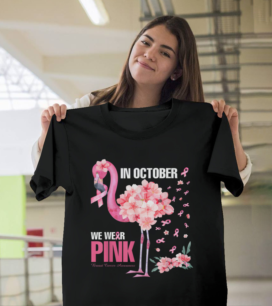 In October We Wear Pink Cherry Blossom Flamingo Breast Cancer Awareness T-Shirt
