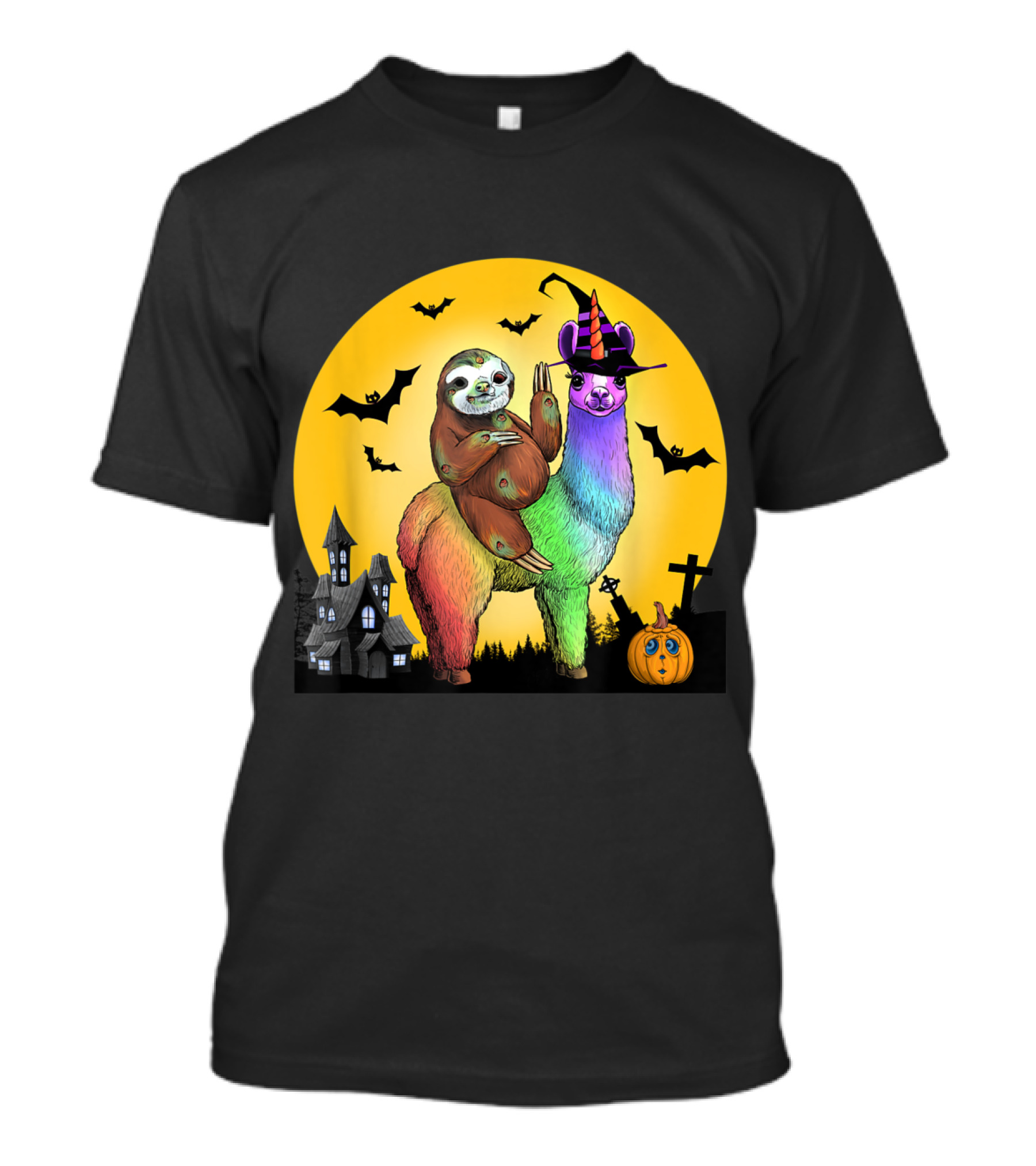 Zombie Sloth Riding Rainbow Llama Unicorn Witch Night With Bats And Haunted House T-Shirt