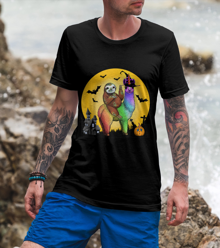 Zombie Sloth Riding Rainbow Llama Unicorn Witch Night With Bats And Haunted House T-Shirt