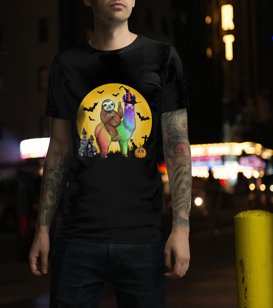 Zombie Sloth Riding Rainbow Llama Unicorn Witch Night With Bats And Haunted House T-Shirt