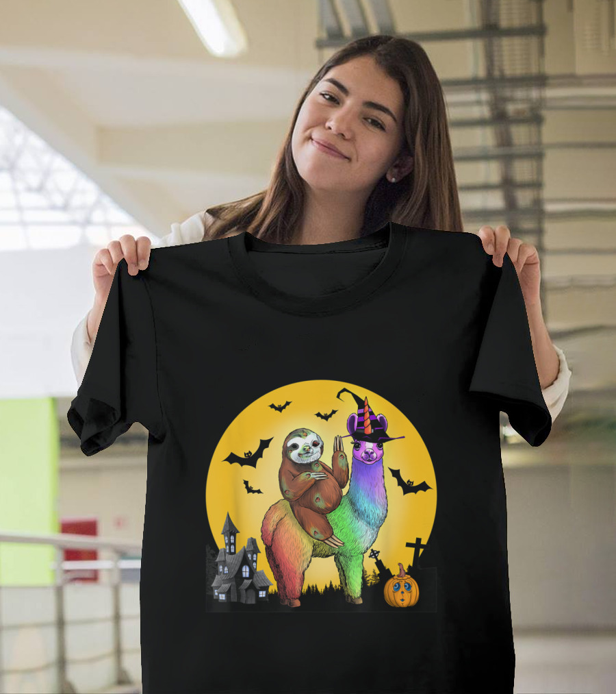 Zombie Sloth Riding Rainbow Llama Unicorn Witch Night With Bats And Haunted House T-Shirt