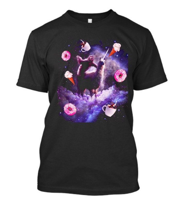 Outer Space Sloth Riding Llama Unicorn With Donut Coffee And Ice Cream Galaxy T-Shirt