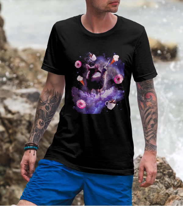 Outer Space Sloth Riding Llama Unicorn With Donut Coffee And Ice Cream Galaxy T-Shirt