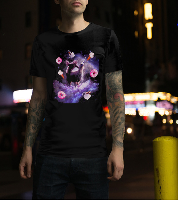 Outer Space Sloth Riding Llama Unicorn With Donut Coffee And Ice Cream Galaxy T-Shirt