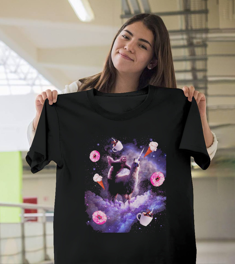 Outer Space Sloth Riding Llama Unicorn with Donut Coffee and Ice Cream Galaxy T-Shirt