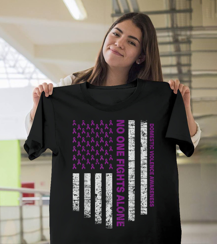 No One Fights Alone Domestic Violence Awareness USA Flag Purple T-Shirt