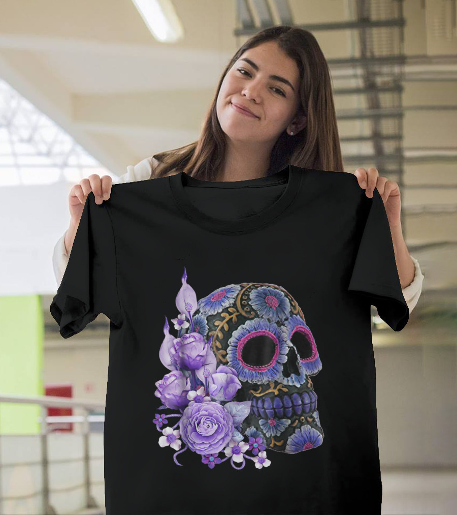 Purple Floral Black Sugar Skull Day of the Dead Mexican Tradition T-Shirt