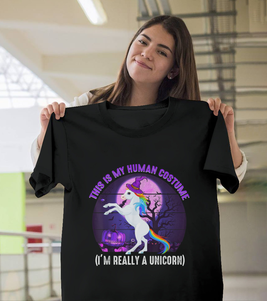 This Is My Human Costume I’m Really a Unicorn Halloween Pumpkin Moon T-Shirt