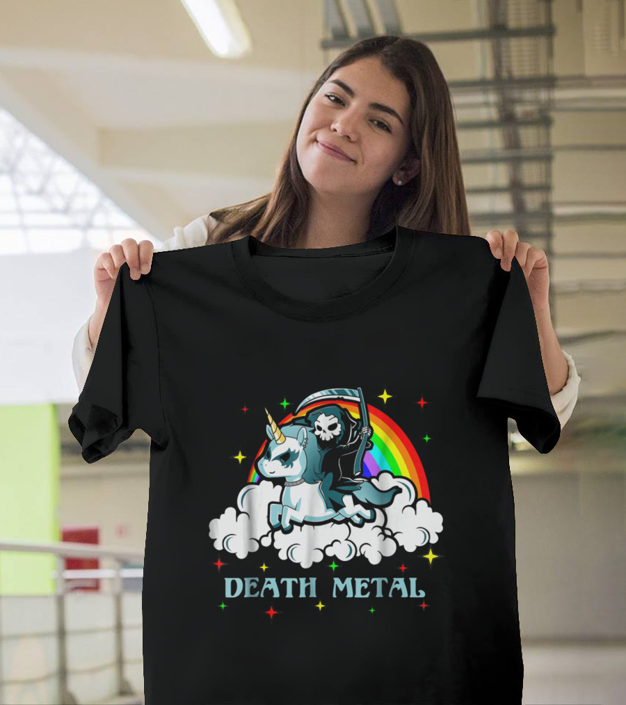 Death Metal Unicorn Grim Reaper Rainbow Clouds T-Shirt