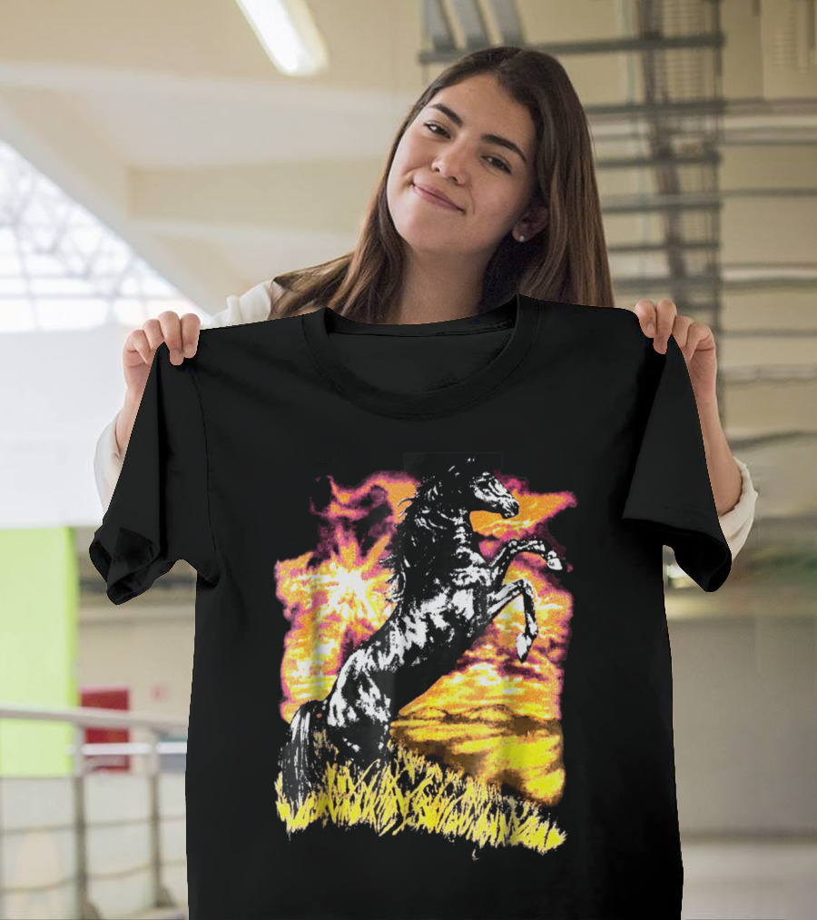 Rising Horse in Fiery Sunset Field Charlie Horse T-Shirt