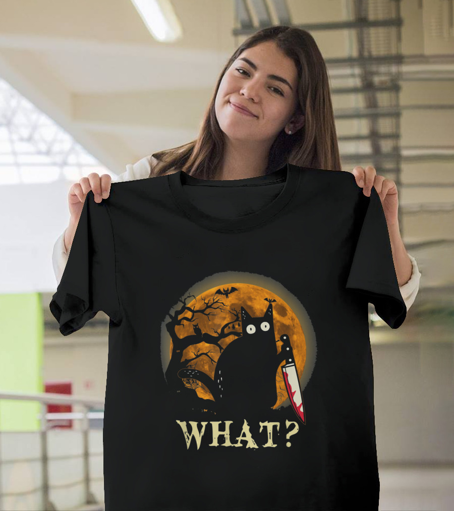 What Funny Murderous Cat With Knife Halloween Moon T-Shirt