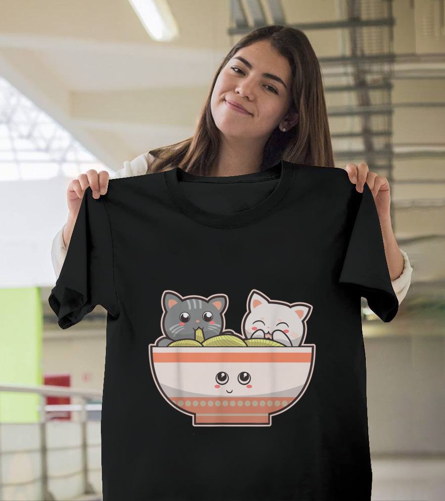 Kawaii Japanese Anime Cats in Ramen Noodle Bowl T-Shirt