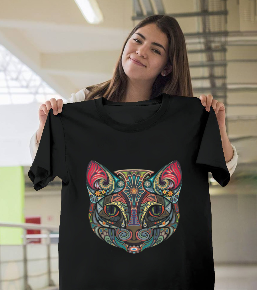 Sugar Skull Cat Day Of The Dead Colorful Patterned Cat Face T-Shirt