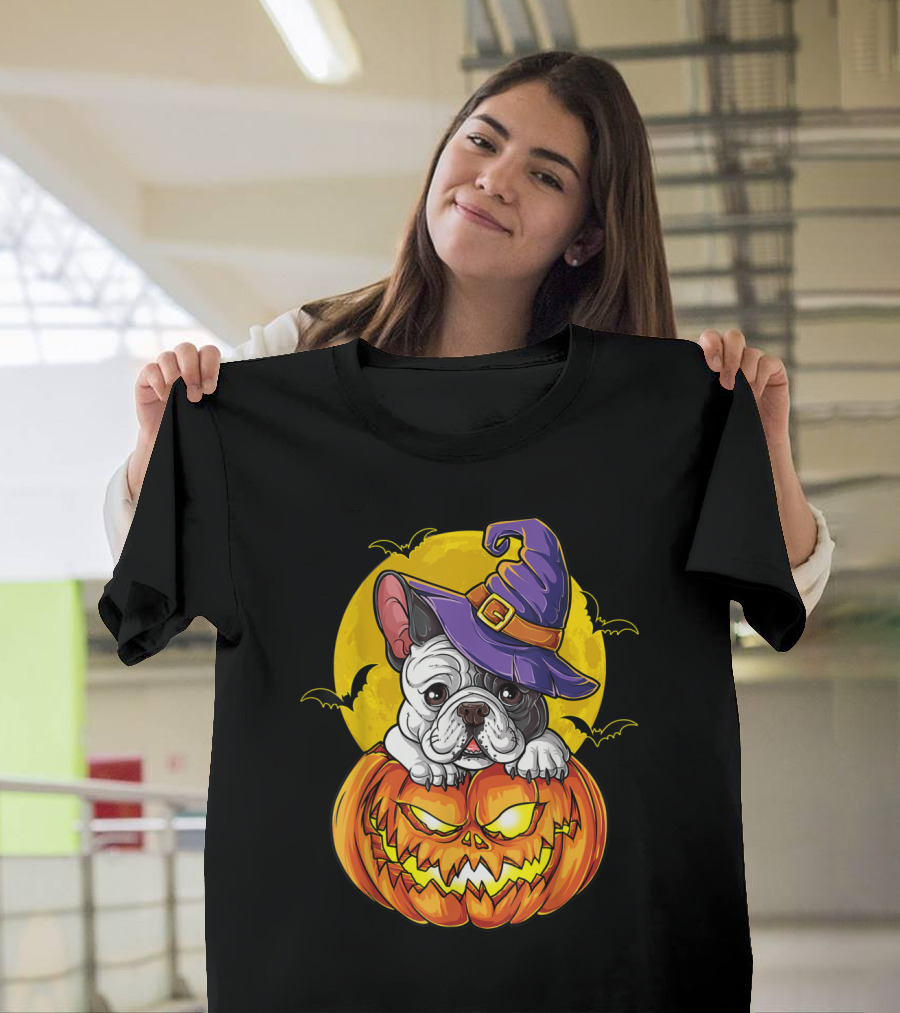 French Bulldog Witch with Pumpkin Jack-o'-Lantern and Bats T-Shirt
