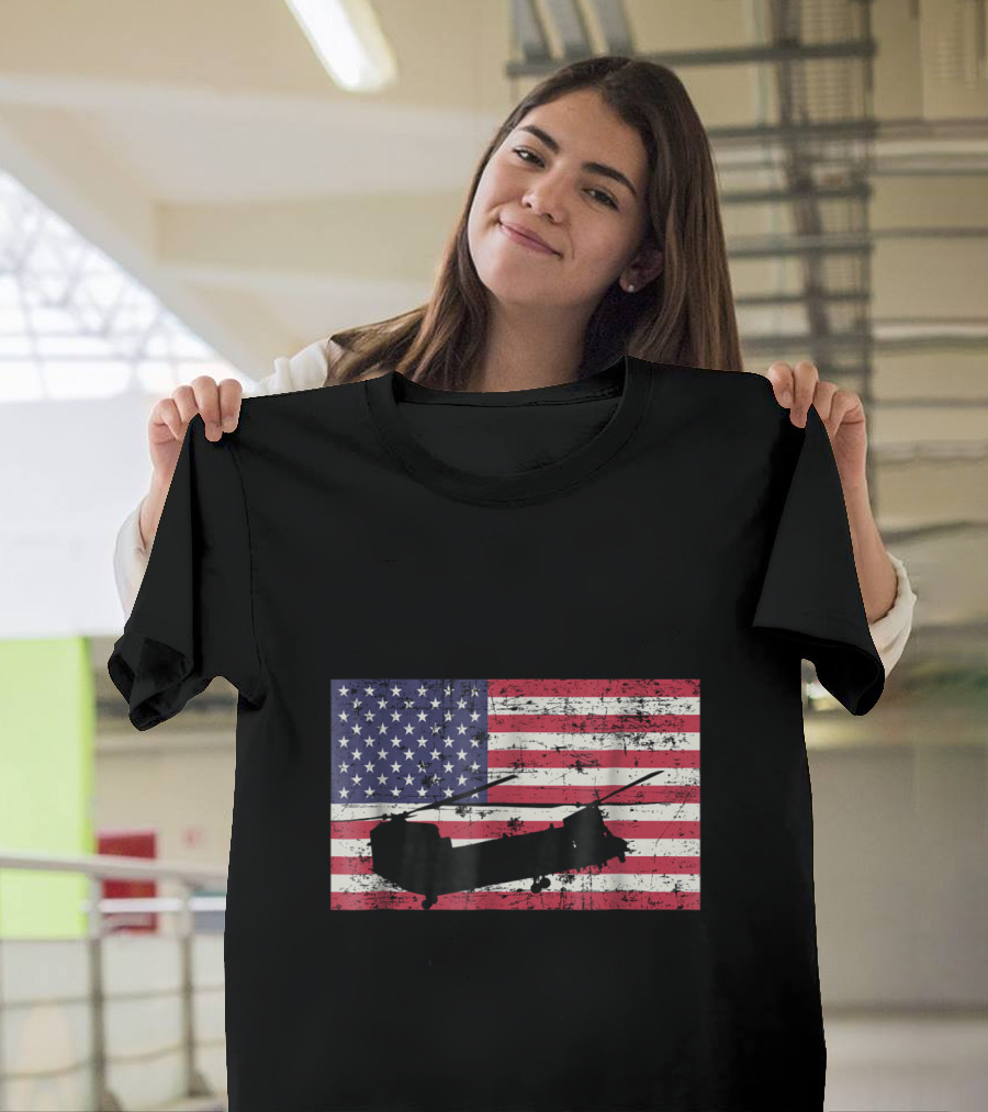CH 47 Chinook Helicopter with American Flag Background Patriotic T-Shirt