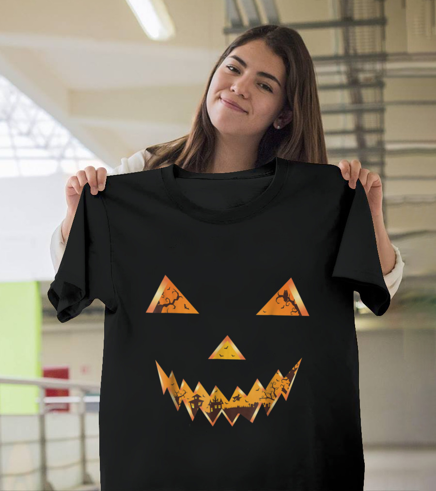 Scary Pumpkin Face with Evil Witch Town Scene and Bats T-Shirt