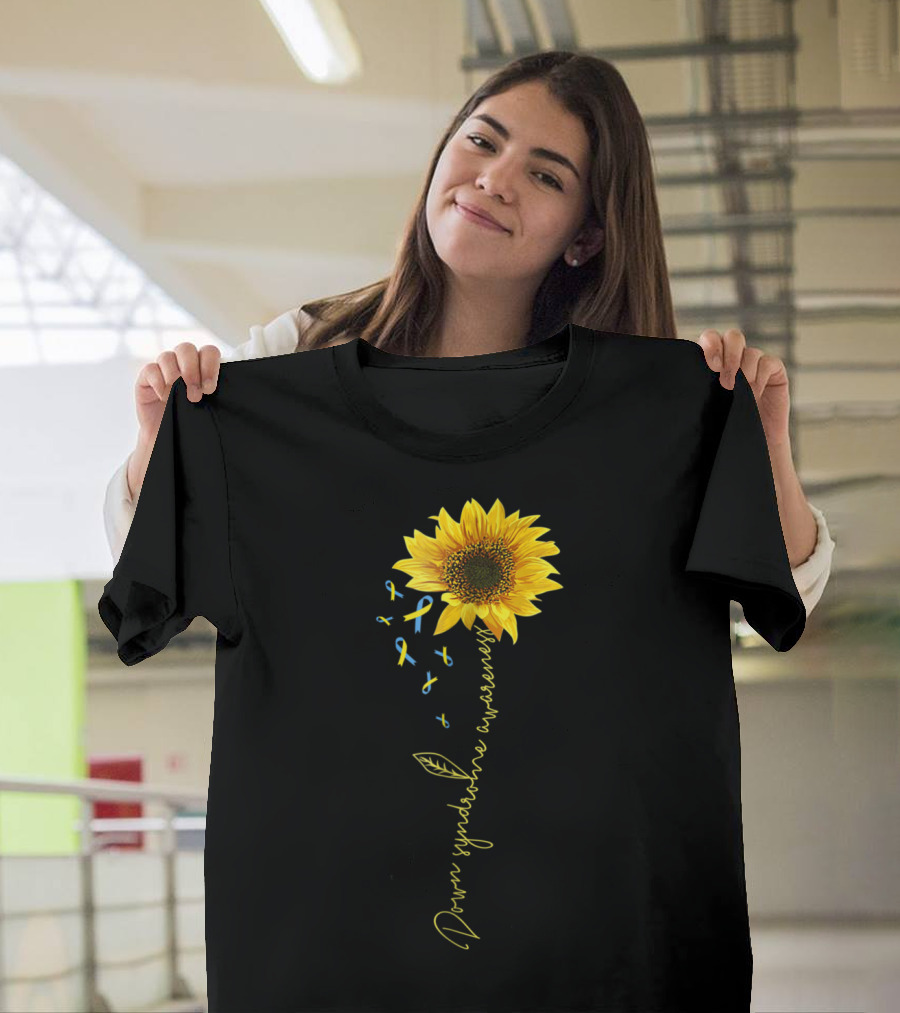 Down Syndrome Awareness Sunflower Yellow Blue Ribbons T-Shirt