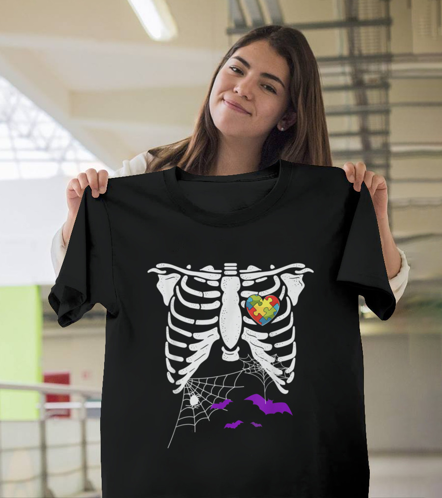 Autism Awareness Skeleton with Puzzle Piece Heart Halloween Bats and Spider Webs T-Shirt