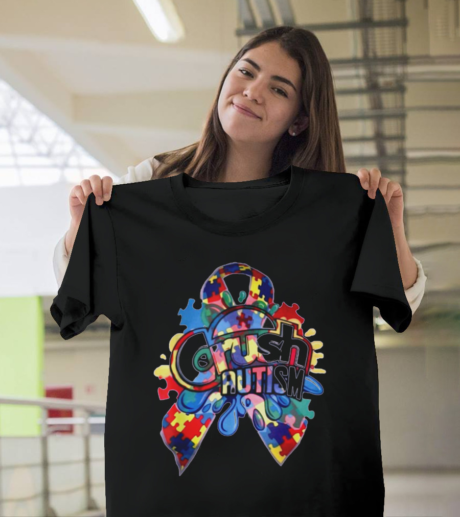 Crush Autism Ribbon Puzzle Splash Colorful T-Shirt