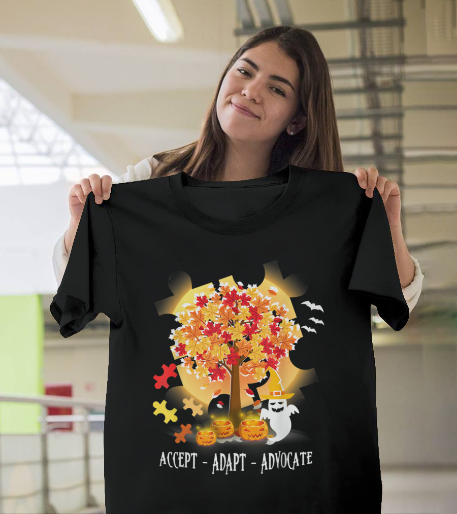 Halloween Autism Awareness Accept Adapt Advocate Autumn Leaves Puzzle Pieces Ghost Pumpkins Bats T-Shirt