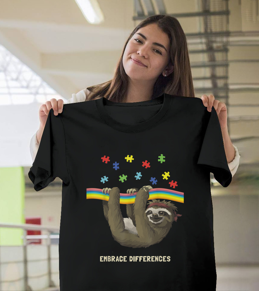 Sassy Sloth Embrace Differences Autism Awareness Puzzles T-Shirt