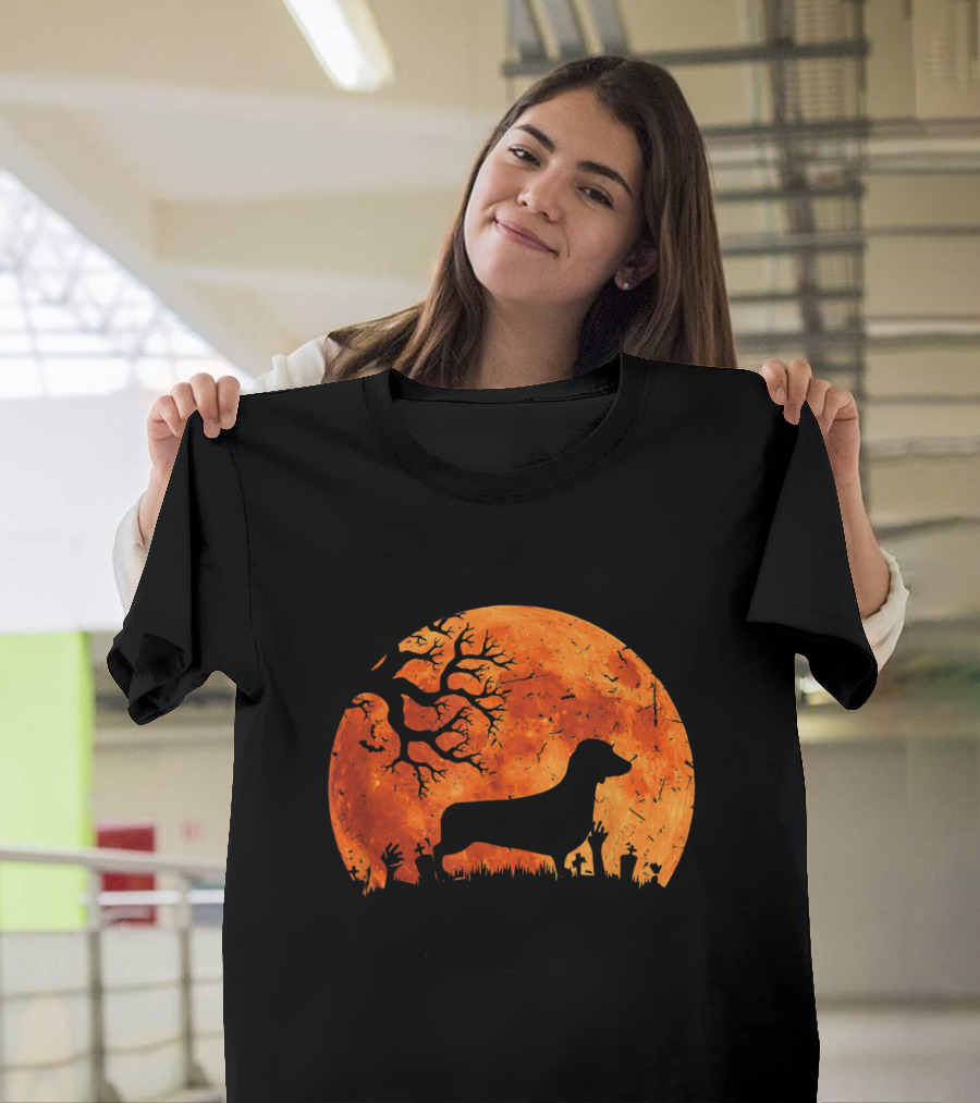 Halloween Weenie Dog Silhouette with Spooky Full Moon Background T-Shirt