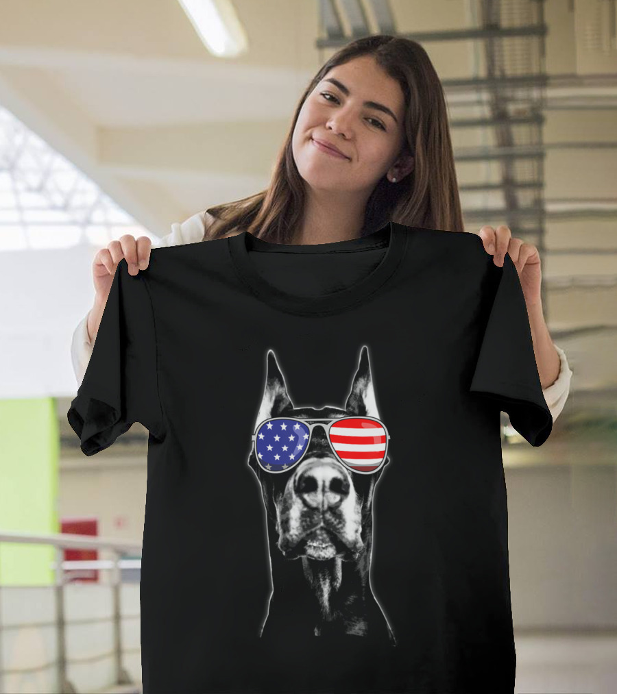 Doberman Wearing American Flag Sunglasses 4th Of July T-Shirt