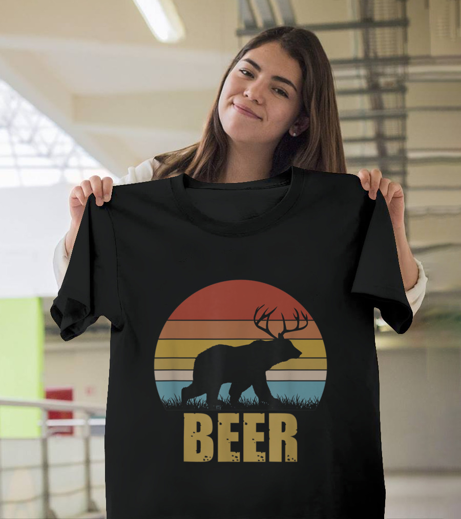 Beer Retro Sunset Silhouette Deer Bear Combination T-Shirt
