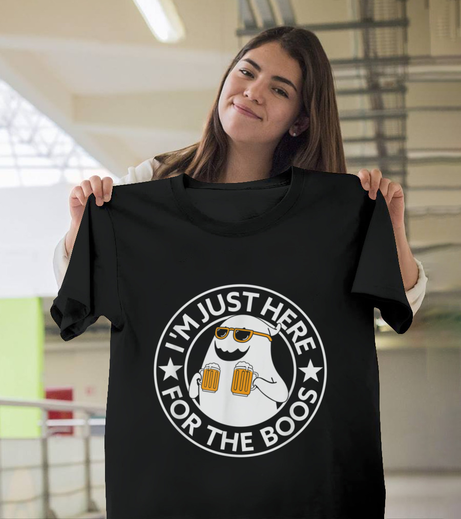 I'm Just Here for the Boos Funny Halloween Costume Ghost with Beer and Sunglasses T-Shirt