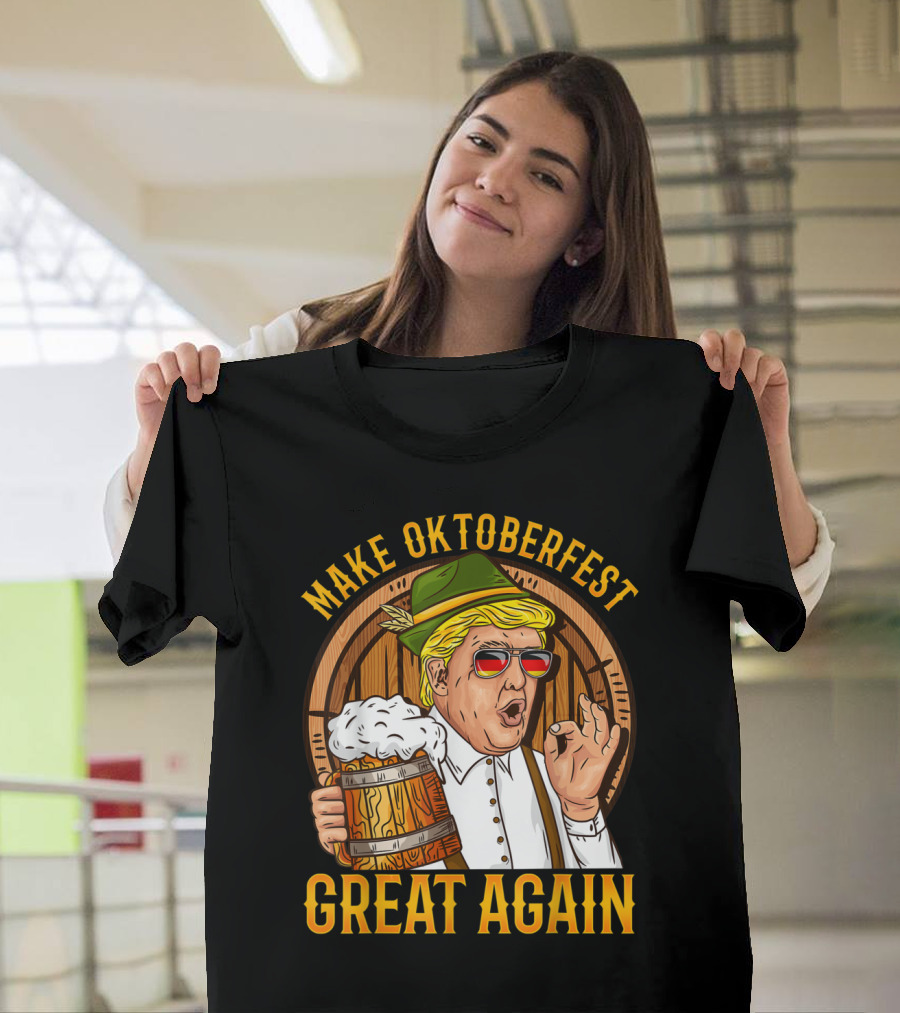 Make Oktoberfest Great Again Trump Fans Festive Beer Barrel Character with Lederhosen and Sunglasses T-Shirt