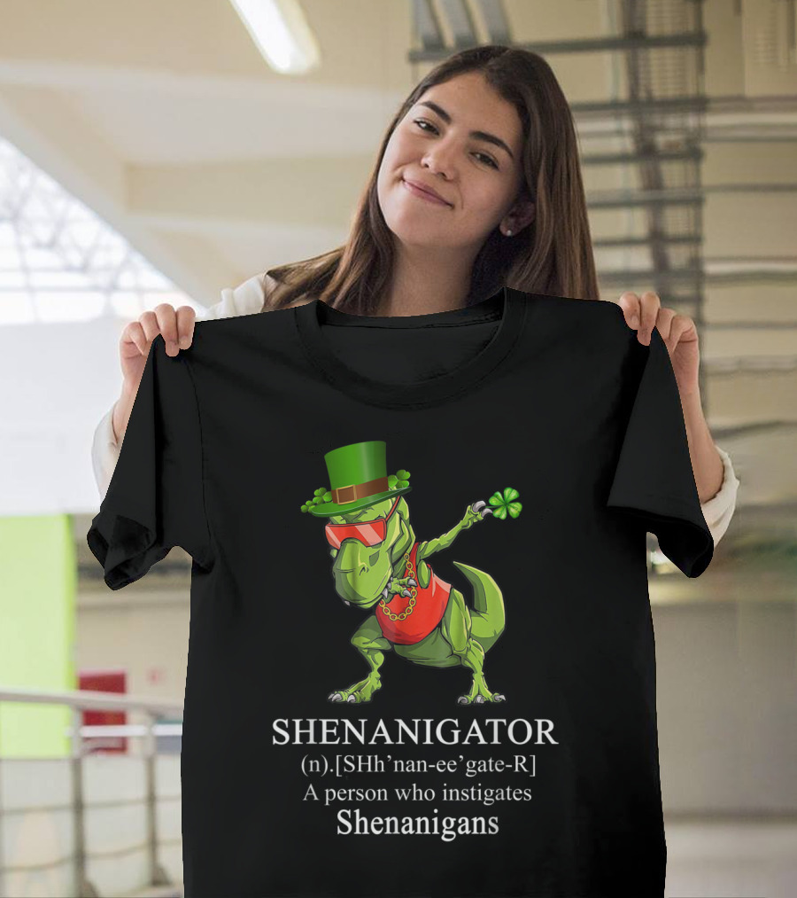 Shenanigator Dabbing Dinosaur Rex with Shamrock and Leprechaun Hat T-Shirt