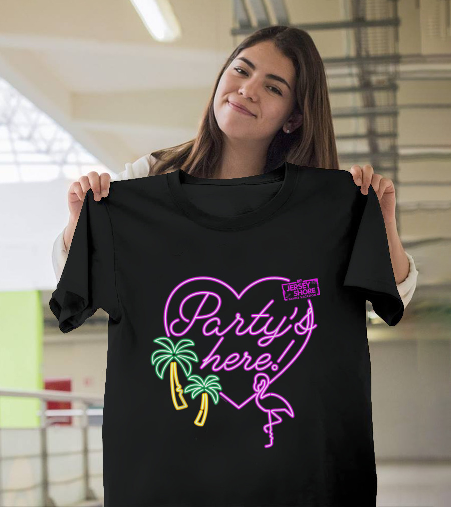 MTV Jersey Shore Party's Here Neon Heart Palm Trees Flamingo T-Shirt