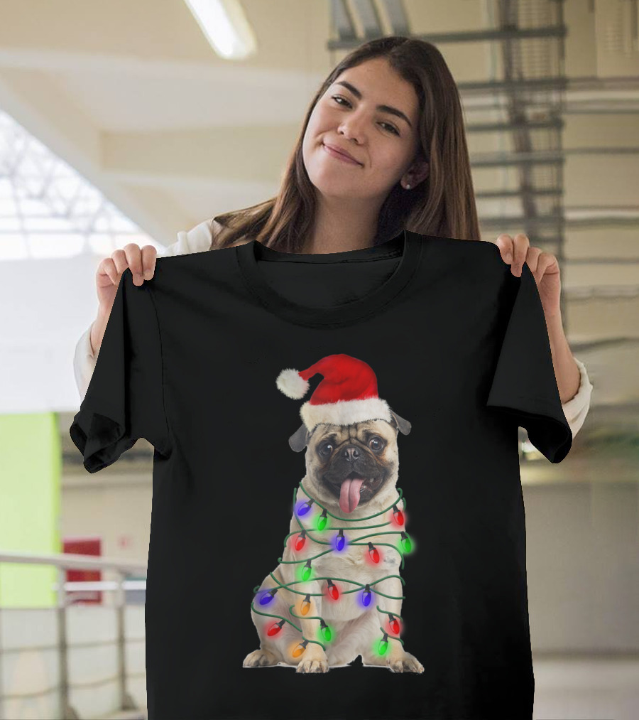 Santa Pug Wrapped in Christmas Lights T-Shirt