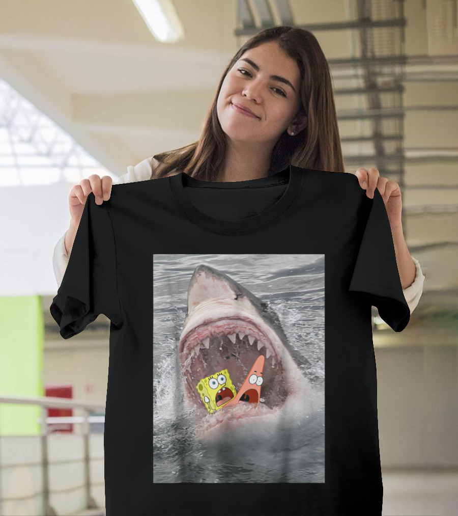 SpongeBob SquarePants Patrick Star Shark Attack Humorous Scene T-Shirt