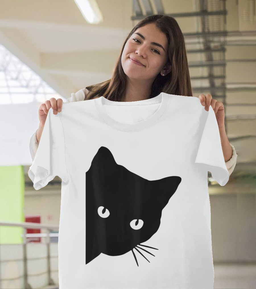 Black Cat Face Peeking Funny Halloween Cat Lovers T-Shirt