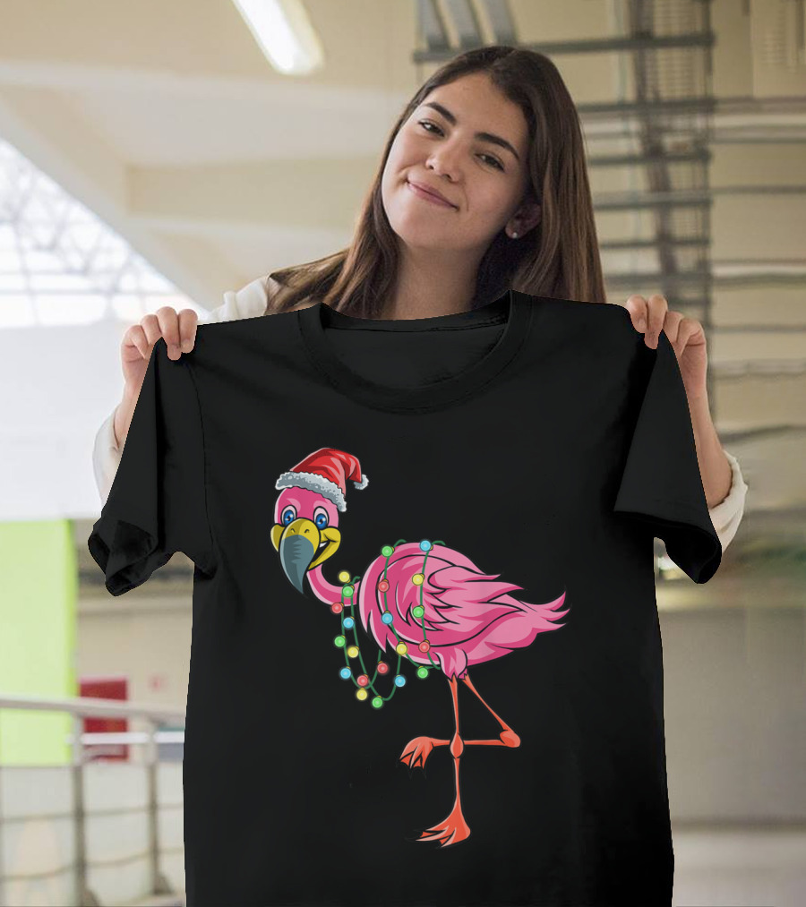 Christmas Flamingo with Santa Hat and Festive Holiday Lights T-Shirt