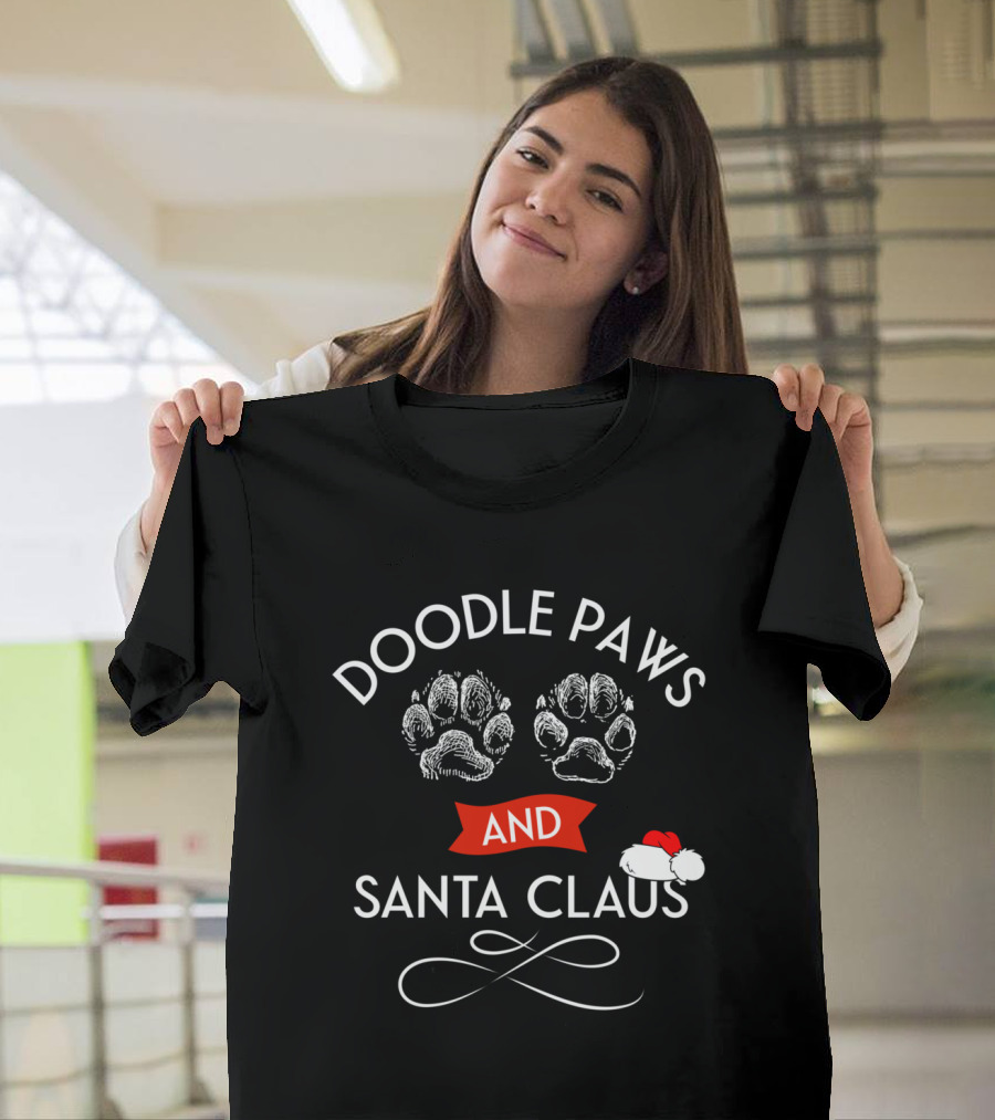 Doodle Paws and Santa Claus Aussiedoodle Pyredoodle Paws and Christmas Hat T-Shirt