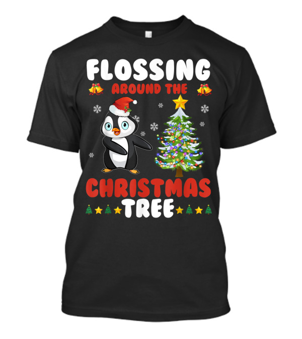 Flossing Around The Christmas Tree Penguin Santa Hat Snowflakes Bells Stars T-Shirt