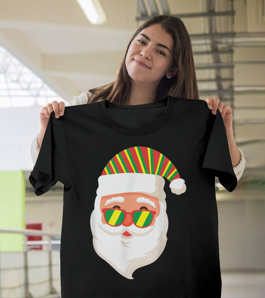 Rasta Colors Santa Claus with Rastafari Flag Hat and Sunglasses T-Shirt