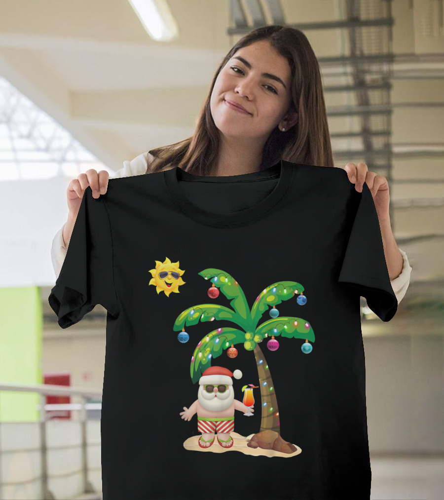 Mele Kalikimaka Aloha Santa Claus Under Palm Tree with Sunglasses Sun T-Shirt