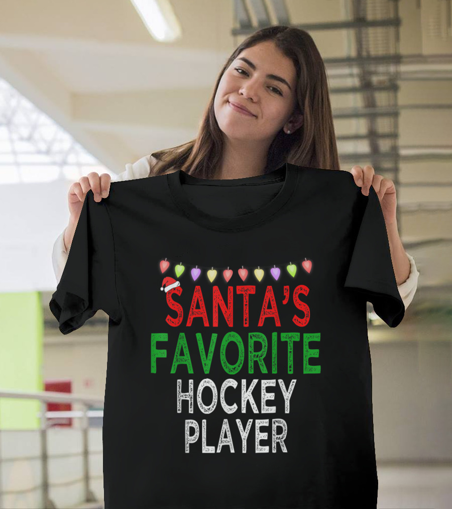 Santa's Favorite Hockey Player Xmas Lights Hat Holiday T-Shirt