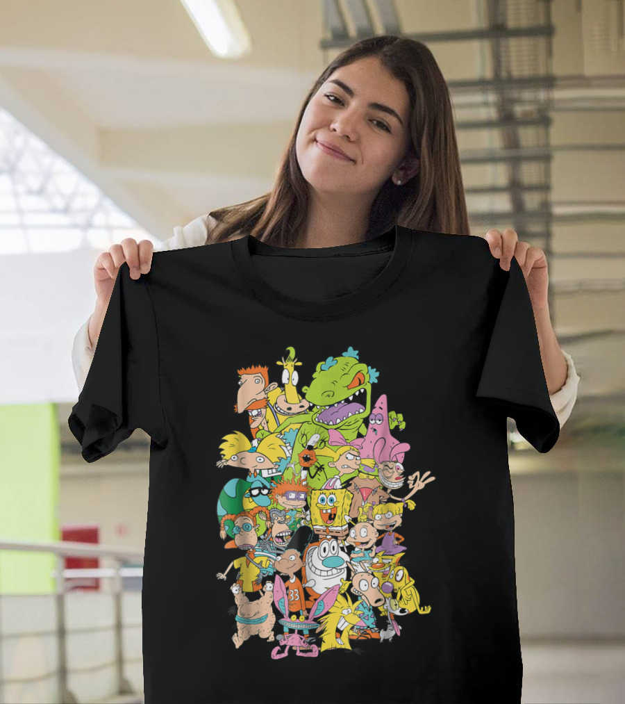 Nickelodeon 90s Cartoon Characters Collage Rugrats Hey Arnold SpongeBob SquarePants Ren and Stimpy T-Shirt
