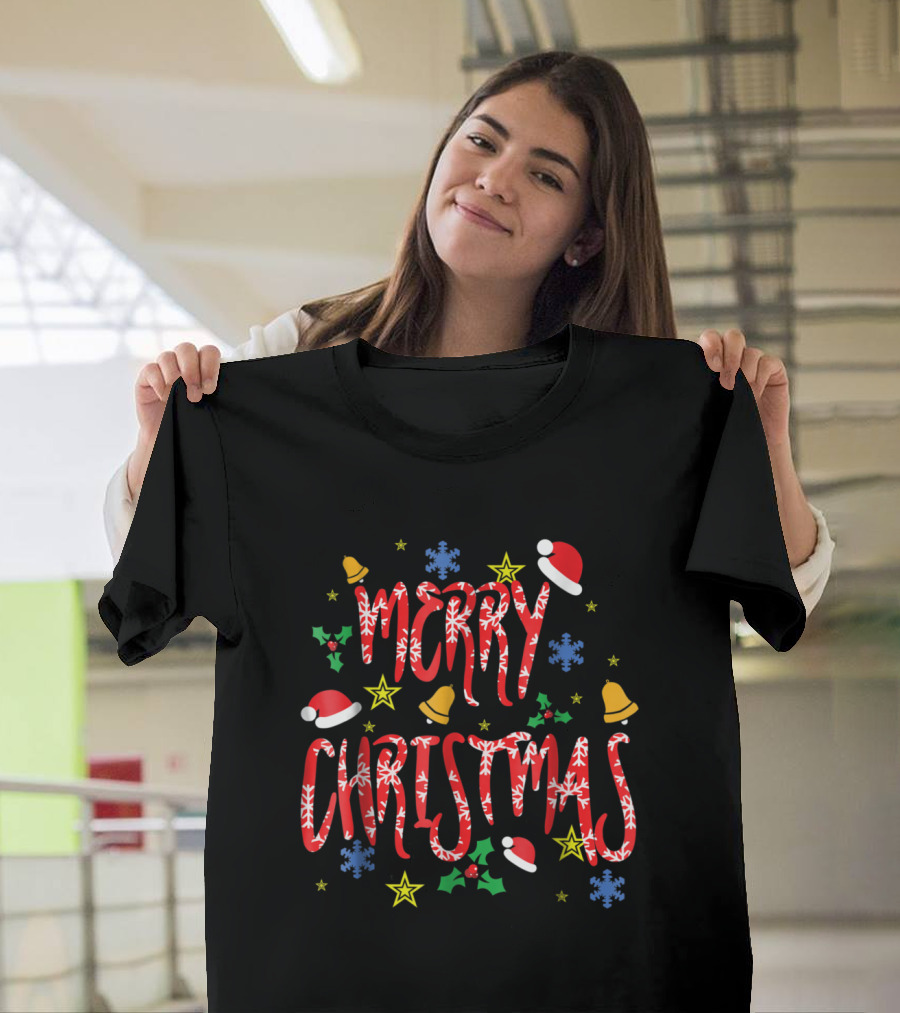 Merry Christmas Snowflakes Holly Stars Santa Hats Bells T-Shirt