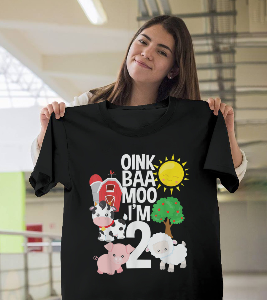 Oink Baa Moo I'm 2 Farm Theme Birthday Sun Barn Cow Pig Sheep Tree T-Shirt