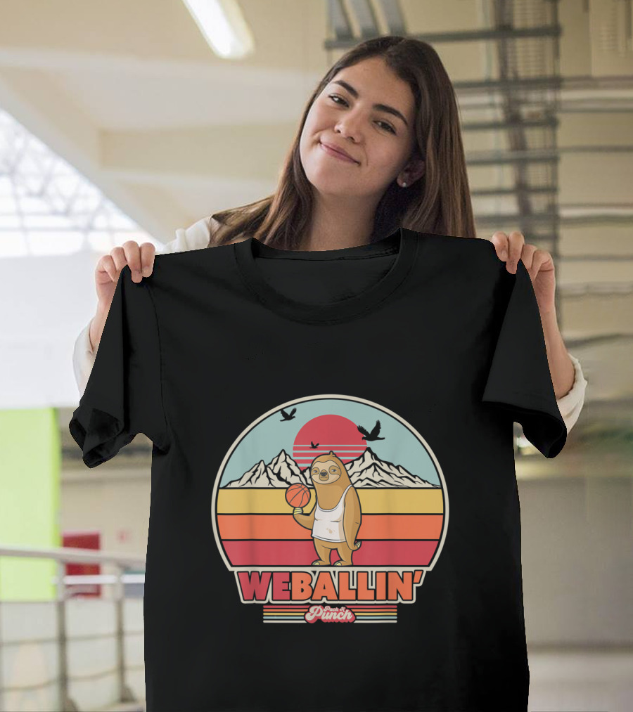 Basketball Sloth We Ballin' Retro Mountain Sunset Punch T-Shirt