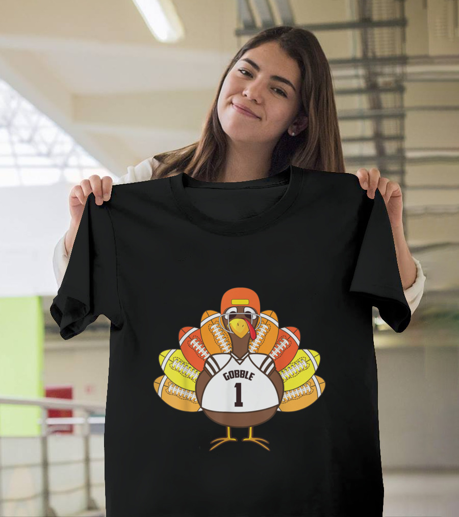 Thanksgiving Football Gobble Turkey Player Number 1 T-Shirt